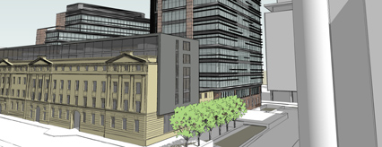 View towards hotel - James Watt Street listed façade by GD Lodge architects / Capella Developments Ltd